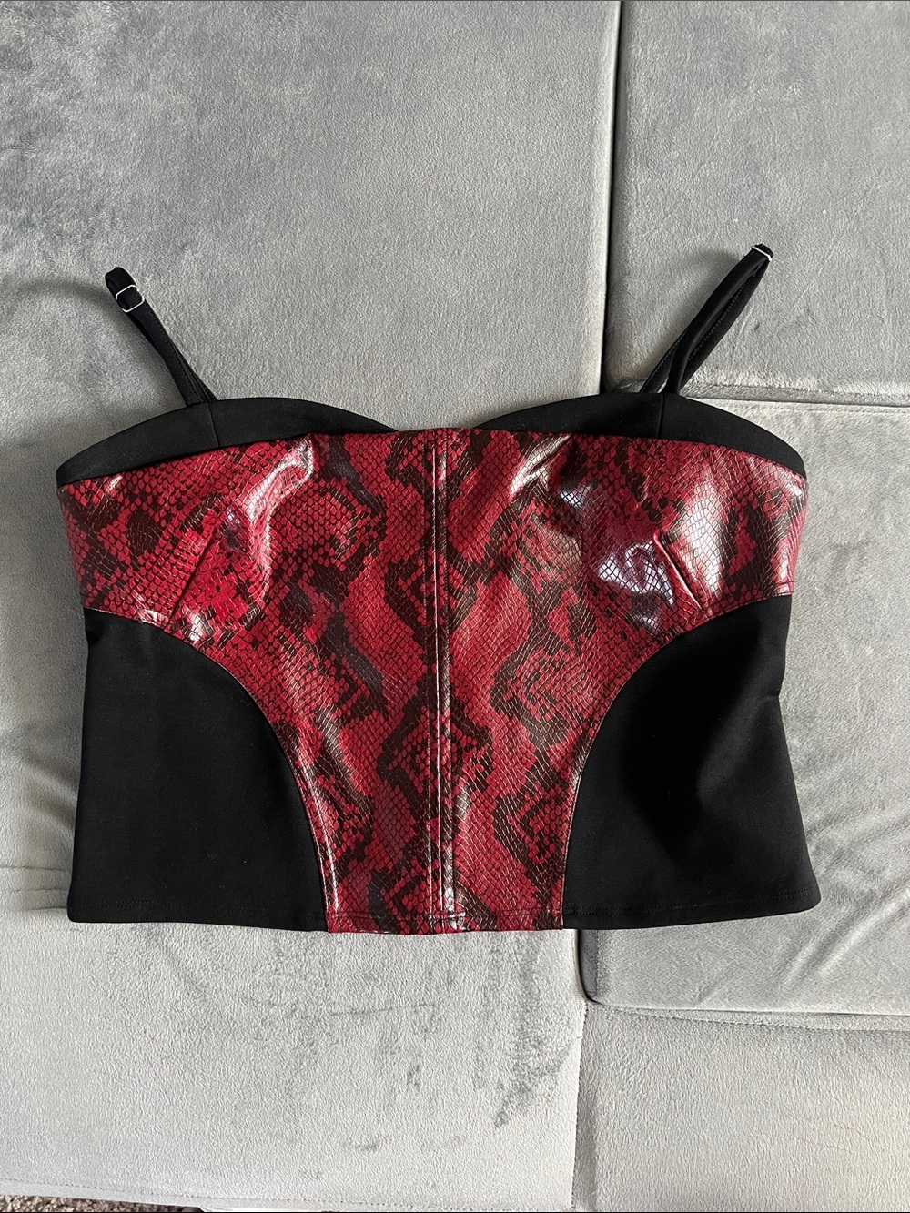 bebe black fitted red snake print bustier top- NWT